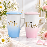 Expédition immédiate : Nouvelle tasse en céramique dégradée de 12 oz avec couvercle et cuillère, mignonne, pour hommes et femmes, idéale pour café, thé, cadeau Saint-Valentin, Noël, Fête des Pères