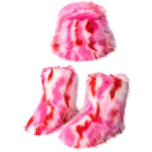 겨울 새로운 유럽 미국 패션 여성 플러시 스노우 부츠와 모자 투피스 세트 다채로운 모피 버킷 모자 따뜻한 모피 발목 부츠