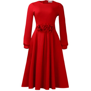 D602 Abito Midi <span class=keywords><strong>a</strong></span> Linea <span class=keywords><strong>A</strong></span> da Donna, Formale e Modesto, Tinta Unita, Manica Lunga, Decorazione Floreale 3D, Ecologico, per Primavera e Autunno - Product Image 3