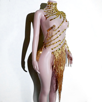 Robe à franges en strass dorés, maille nude, asymétrique à une manche, col montant, avec pompons, pour danse latine, drag, gogo et scène
