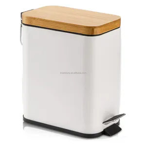 Household 5L Modern Metal Rectangle Steel Foot Pedal Garbage Bin Kitchen Trash Can Indoor Office Waste Bin With Bamboo Lid