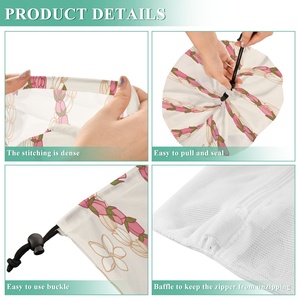Hawaii Pink Pikake Floral Print Polyester Custom Design Logo <b>Laundry</b> Hampers With Mesh <b>Laundry</b> Wash <b>Bag</b> - Product Image 3