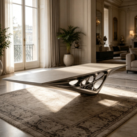 Table basse incurvée épurée à base creuse avec structure intégrée en fibre de verre et finition métallique de luxe pour la décoration de canapé résidentiel