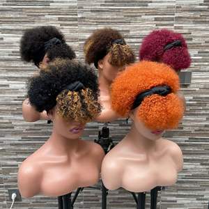 Stock <span class=keywords><strong>de</strong></span> perruques <span class=keywords><strong>de</strong></span> <span class=keywords><strong>cheveux</strong></span> humains vierges Afro Curly Pixie Ic Silk Headband # 1B Natural Black Fluffy Heat-Resistant African Women Boom Wigs - Product Image 4