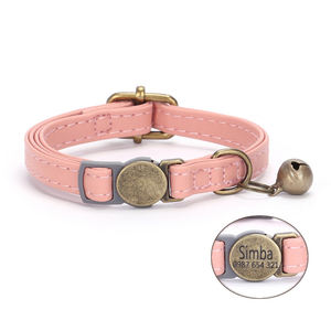 Venta al por mayor personalizado gato <span class=keywords><strong>Collar</strong></span> de lujo Retro grabado Metal Breakaway pequeño PU cuero mascota gato perro <span class=keywords><strong>Collar</strong></span> con campana - Product Image 5