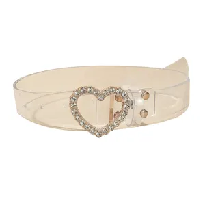 PVC شفافة حزام الأزياء مطعمة الماس القلب زر بنطلون نسائي أزياء حزام بالجملة