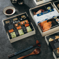 Boîte à bento pliable en bois recyclable pour sushis, avec gaufrage et revêtement UV, pour l'emballage de plats à emporter