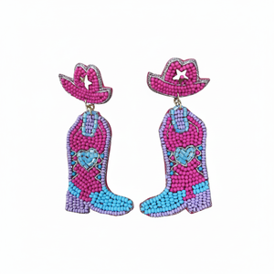 Pendientes de bota de corazón con cuentas de semilla turquesa, botas westers con cuentas, Pendientes colgantes de La India, pendientes hechos a mano para mujeres y niñas - Product Image 1