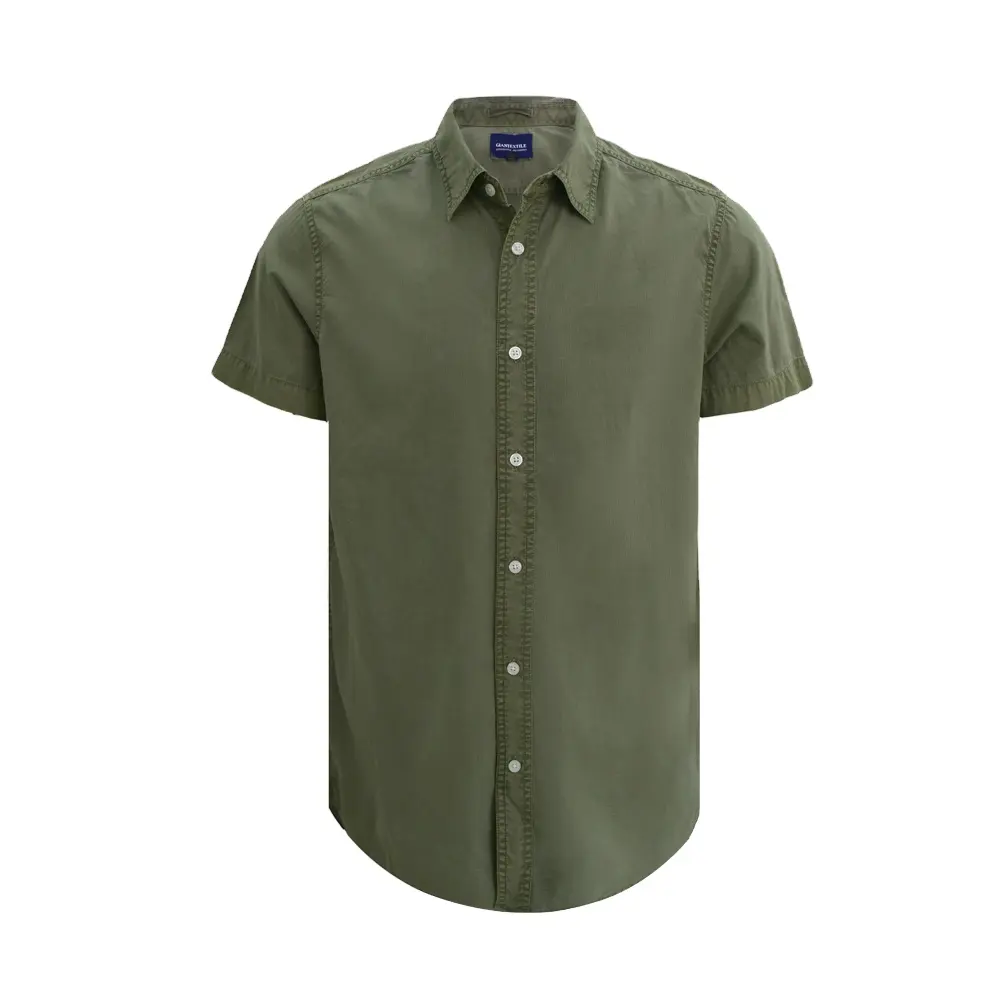 Yaz erkek rahat gömlek % 100% pamuk konfeksiyon boyalı yeşil katı düz gömlek erkekler için