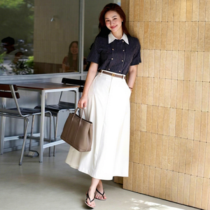 CV753 Elegance High Waisted Belted Cotton Midi <b>Skirt</b> Women Straight <b>Office</b> Bottom Bulk Price - Product Image 1