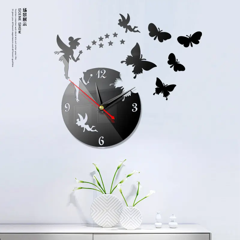Hot sale diy geometric wall watches mirror acrylic quartz clock stars and butterfly decoration wall stickers clock