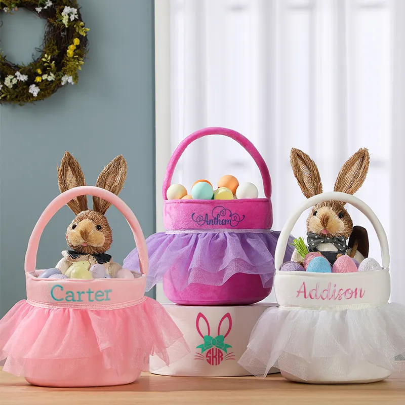 Wholesale Custom Party Decor Lovely Bucket Princess Tutu Plush Bunny Bag Easter Baskets