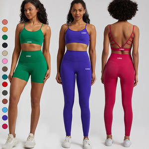 OEM ODMWomen Bra olahraga pinggul tinggi bernapas V punggung legging olahraga celana pendek tali tipis atasan 2 bagian setelan Yoga Gym Fitness Set - Product Image 1