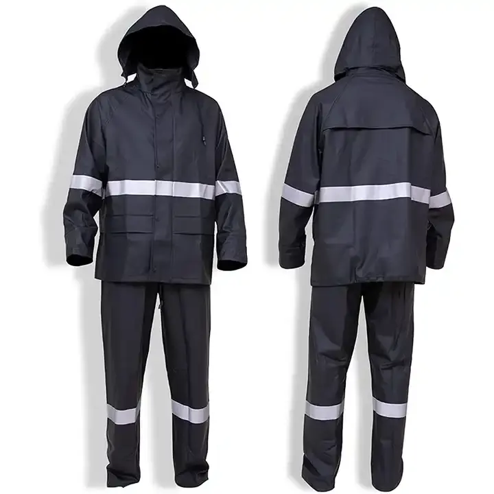 high quality working reflective rain jacket waterproof 2 piece polyester raincoat with hood pvc rain suit