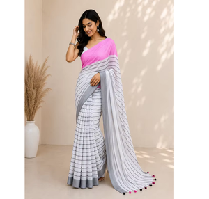 Sari en coton mélangé blanc pour femmes, tissu respirant de qualité supérieure, bordure élégante, collection de vêtements ethniques traditionnels - Product Image 2