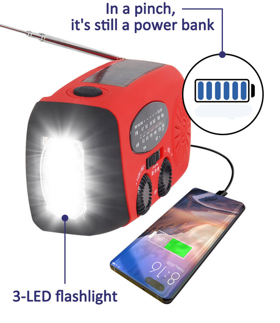 Manufacturer Wholesale Emergency Disaster Prevention Radio Solar Hand Crank Battery Charging Flashlight SOS Built-in Speaker USB