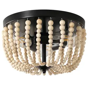 热卖3灯圆形波西米亚天花板齐平安装灯具实心橡木天然木质走廊洗衣房吸顶灯