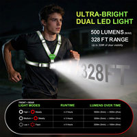 Lampe de course LED rechargeable étanche IPX6 personnalisée avec double sangle, gilet de sécurité réfléchissant, lumière de poitrine LED d'avertissement nocturne