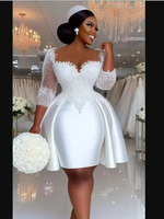 Nouvelle Robe de Mariée Manches Longues, Coupe Princesse, Col en V, Dos Nu, Longueur Genou, Grande Taille, Style Moderne, Ornée de Perles Naturelles