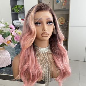 Entrega Rápida, Precio de Fábrica, Peluca Sintética Ondulada Italiana Rosa Melocotón 13x4 con Frente Transparente, Resistente al Calor, Longitud Media, para Moda - Product Image 3