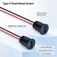 LN-022 2-Pin Typ-C Einbaubuchse, reversibel, 12 mm rundes Gewindeloch, 24AWG, 14 cm Kabel, RoHS, CE, USB-C Stromanschlussbuchse