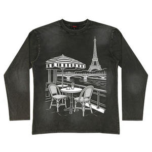 เสื้อยืดแขนยาวสีเทาเข้ม ลายธีมคาเฟ่แม่น้ำแซน เสื้อลำลองลายร้านกาแฟสไตล์ปารีสย้อนยุค สวมใส่สบายในชีวิตประจำวัน - Product Image 1