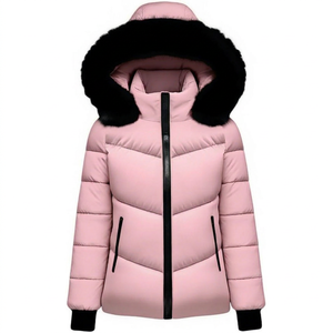 Pink Hooded Windproof <b>Fleece</b> Puffer <b>Jacket</b> Front Fur Trim Zipper Closure Casual Winter Wear Unisex <b>Thick</b> Polyester Wadding Slim - Product Image 1