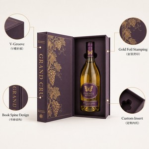 Professional Custom Purple Book Style <strong>Wine</strong> Gift Box Gold Foil Grapevine Hinged Insert Moscato White Bottle Packaging Master - Product Image 4