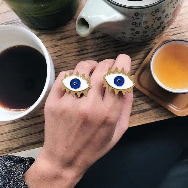 Kaimei 2019 New Fashion Metal Gold Drop Glazuur Metalen Eye Shape Rings Vrouwen Vintage Ringen Partij Sieraden Vrouwelijke Gift