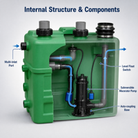 Station de relevage des eaux usées intégrée en PE, système d'éjection automatique des eaux usées avec pompe broyeuse submersible pour sous-sol et villa