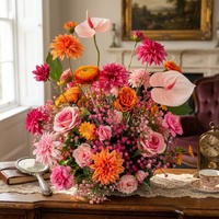 Susunan Bunga Artifisial Y-068 Pink Orange, Hiasan Meja Anthurium Dahlia Mawar Palsu untuk Dekorasi Pernikahan, Acara, dan Rumah