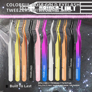 Pinzas de Precisión para Extensión de Pestañas, Coloridas, Personalizadas, en Oro Rosa y Negro, de Acero Inoxidable, de 10 mm, con Peine - Product Image 2