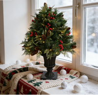 Sapin de Noël artificiel pré-éclairé de 1,20 m en PE+PVC écologique de haute qualité avec décorations de baies rouges et de pommes de pin, base en tissu pour les fêtes