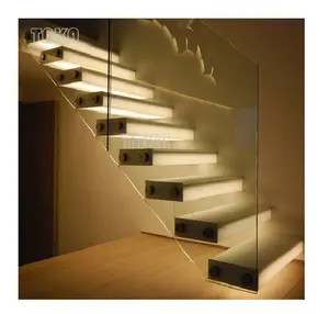 Modern hotel building glass LED staircase design wood floating stairs straight wooden stair case