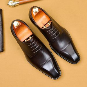 Zapatos de Vestir para Hombre, Punta Cuadrada, Cuero Genuino, Oxfords con Cordones, para Oficina, Carrera Profesional, Todas las Temporadas, Diseño Sólido, Punta Lisa - Product Image 5