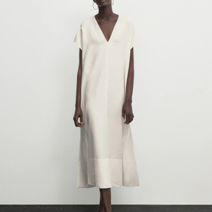 Robe décontractée à fente, style tunique en mélange de lin, col en V profond, jupe longue sans manches, faible MOQ, personnalisable avec impression - Product Image 2
