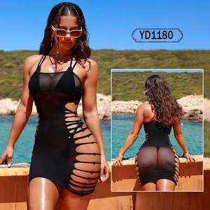 Vestido sexy europeo-americano de una pieza con tirantes, falda a la cadera, diseño hueco lateral, rayas de espina de pescado, malla transparente de nailon. - Product Image 6