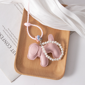 Nouveau porte-clés chien en cuir PU, motif chiot de dessin animé tissé multicolore, avec pendentif sac et décoration chaîne de perles, sérigraphié - Product Image 5