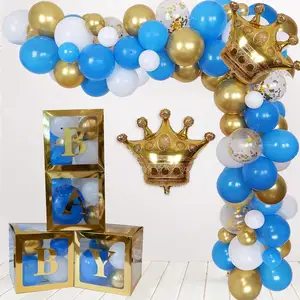 Royal Prince Baby Shower Decorations for Boys Gold Blue Prince Balloon Garland with Baby Balloon Boxes Crown Balloons