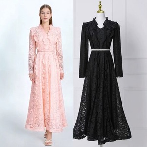 Robe Courte en Mousseline Unie Style Doux, Col Montant, Manches Bouffantes, Coupe Ajustée, Respirante, Printemps, Formelle, Vintage, Dentelle Plissée, Décontractée - Product Image 1