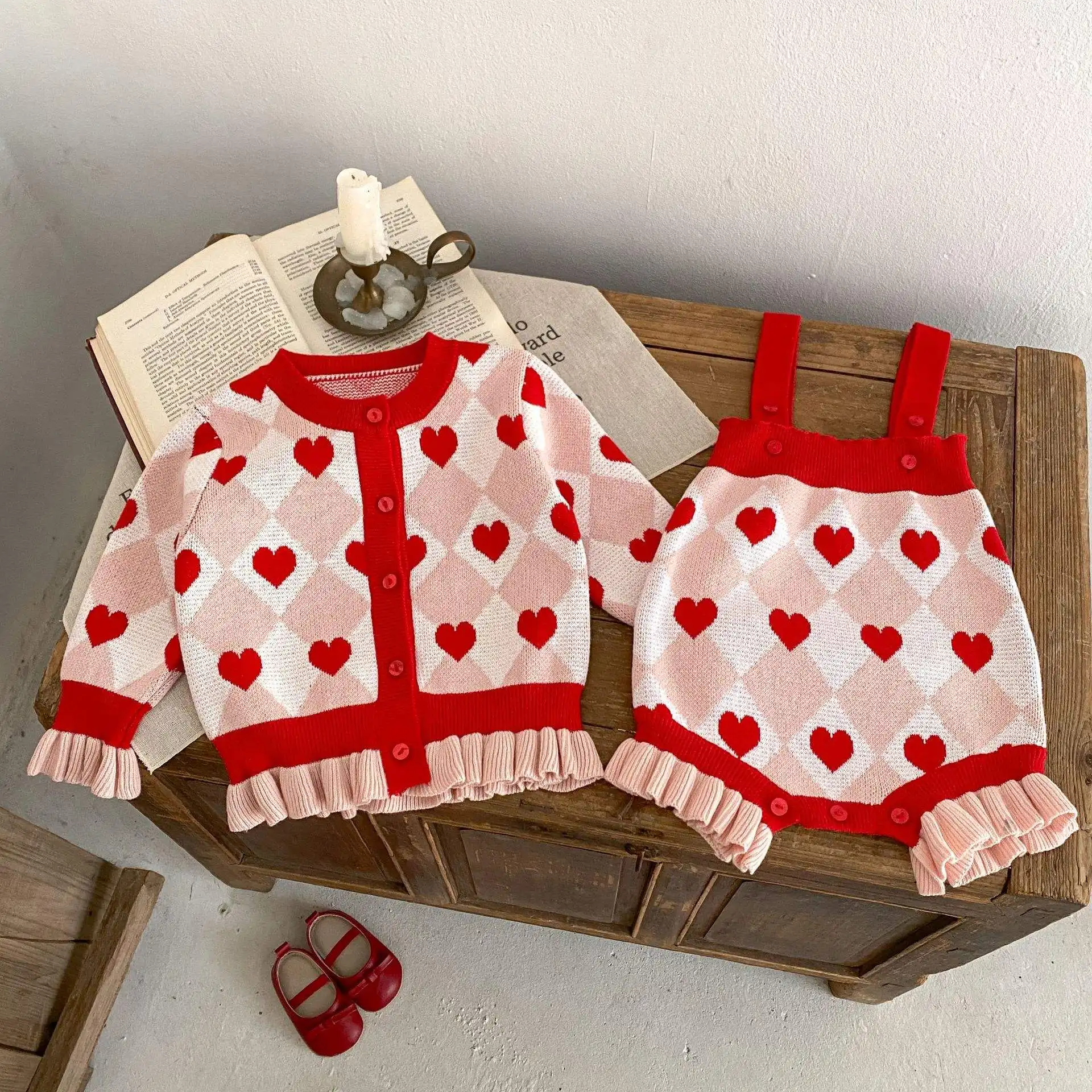 RTS Engepapa Infant Girls Winter Printing Knitted Cardigan Cute Knit Sweater Romper Newborn Baby Clothes Set