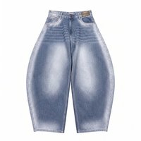 Jean ample vintage respirant et écologique pour homme, bleu clair délavé avec effet dégradé, double étiquette, coupe ballon large – Idéal pour l'hiver