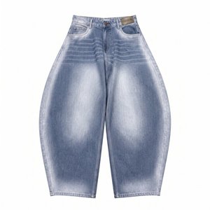 Jeans Oversize Vintage Traspiranti Eco-Friendly da Uomo per l'Inverno, <span class=keywords><strong>Blu</strong></span> Chiaro con Sfumatura Centrale, Lavaggio Sfumato, Doppia Etichetta, Modello Balloon Wide - Product Image 3