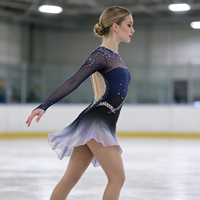 Robe de patinage et de danse dégradé bleu marine, violet et blanc, avec manches longues en maille nude et découpes ornées de strass, pour enfants et adultes, pour la compétition et la performance
