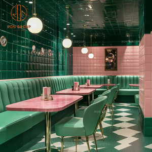 Set di Mobili per Caffetteria, Ristorante e Bar: <span class=keywords><strong>Divano</strong></span> in Pelle Verde, Tavolo in Marmo Rosa e Sedie Verde Chiaro per Spazi di Ristorazione - Product Image 5