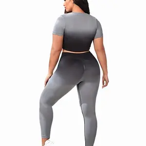 Women's Seamless Gradient Yoga Outfit Plus Size Fashion Sexy Crop Top High Waist Leggings Quick-Dry Running Fitness Gym Yoga Set