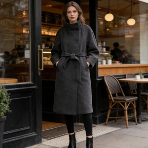 Women's Long Wool Trench Coat High Neck Belted Overcoat Warm Winter Formal Outerwear Fashion - Product Image 5