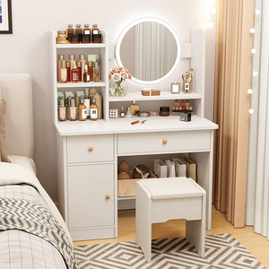 <span class=keywords><strong>Coiffeuse</strong></span> moderne minimaliste style crème avec armoire <span class=keywords><strong>de</strong></span> rangement intégrée <span class=keywords><strong>et</strong></span> étagères ouvertes pour petite chambre - Product Image 3