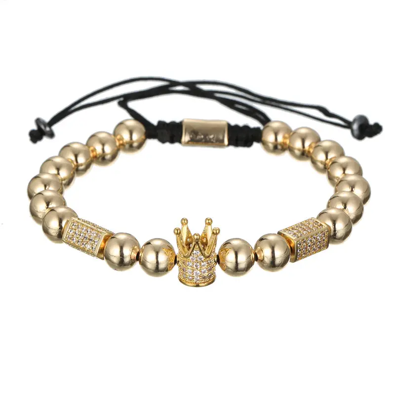 Bracelet couronne de cristal, corde tressée réglable en Zircon cubique, perles en cuivre, Micro pavé