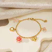 Bracelet en acier inoxydable avec motif abeille, rose et cœur, plaqué or 18K PVD, résine rose, anti-ternissement, chaîne réglable, pour femme, cadeau